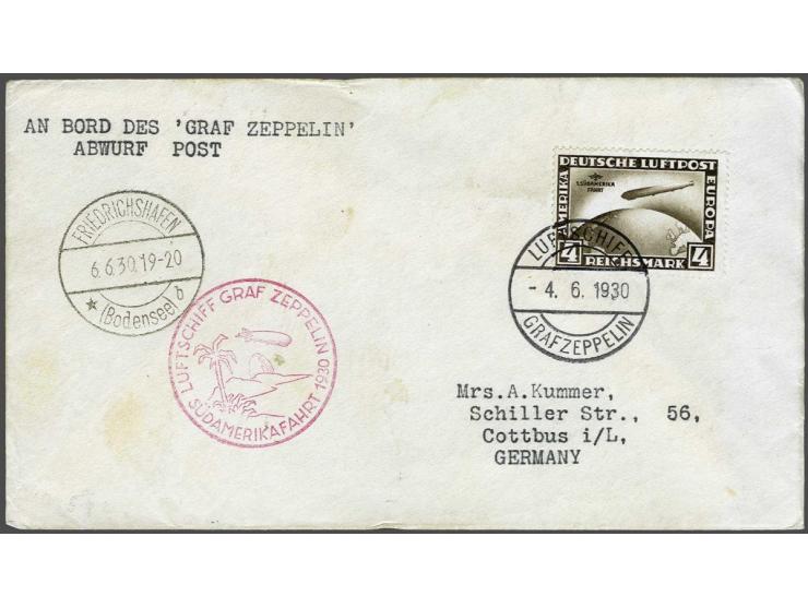 Südamerikafahrt 1930. 4 mark brown on cover stage Friedrichshafen-Friedrichshafen, fine/very fine (some small stains), cat.v.