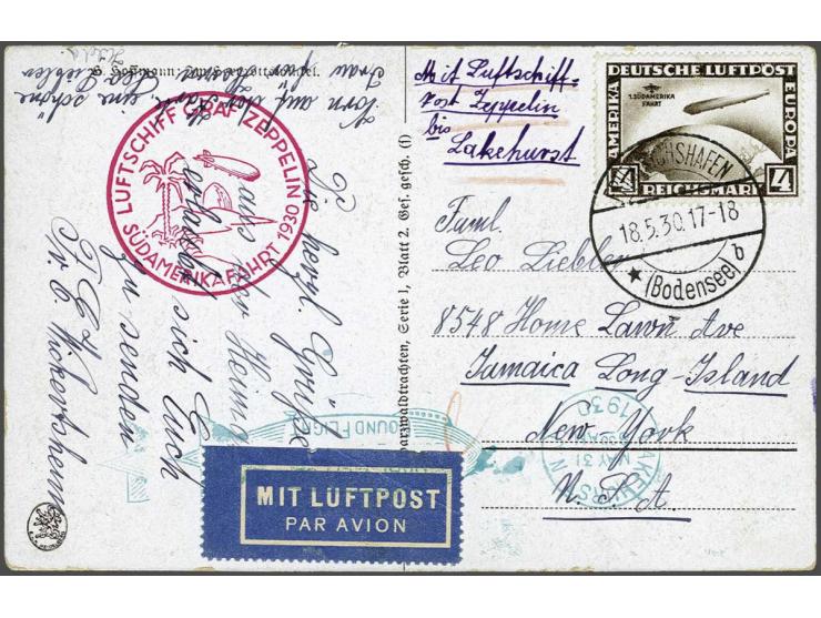 Südamerikafahrt 1930. Picture postcard with the 4 mark brown stage Friedrichshafen-Lakehurst, very fine