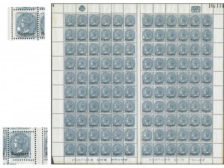 1891 ½d. on 1d. grey in a complete double sheet of 120 ex. including several varieties (several major frame brakes, some perf