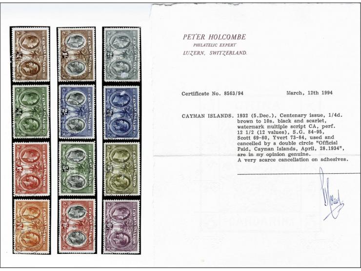 Centenary of the Assembly of Justices and Vestry ¼.d - 10s. all cancelled by Official Paid Grand Cayman 28-04-1934, a very fi