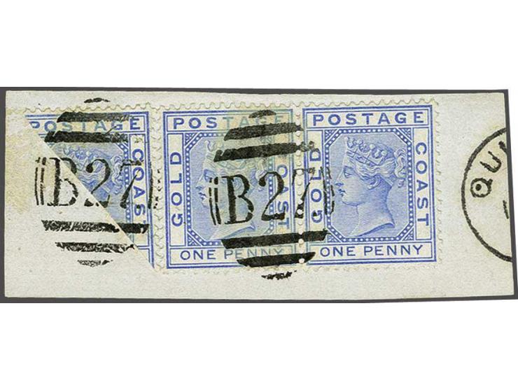 1d. blue bisected used as part of 2½ d. rate (plus pair 1d.) on piece cancelled with the B27 numeral of Quittah, a very fine 
