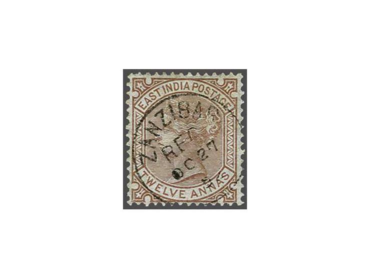 India 12a. venetian red with a superb strike of the Zanzibar REG cds (SG type Z6), very fine ex., cat.v. £ 250 
