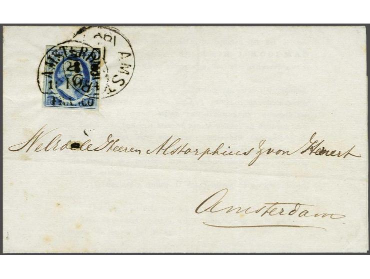 5 cent blauw plaat II pos. 17 op drukwerk lokaal te Amsterdam 28-10-1854. Zegel was tegen de voorschriften ontwaard met het r