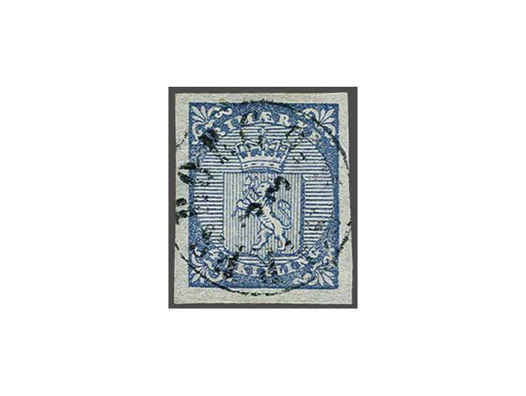 Coat of Arms 4 skilling blue with Sarpsborg cds, very fine