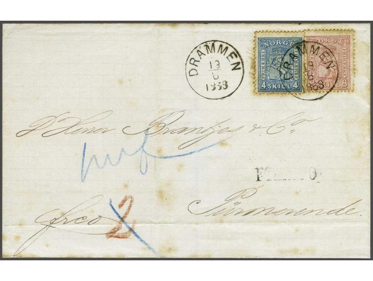 Coat of Arms 4 skilling blue and 8 skilling carmine on cover from Drammen 13-6-1868 over Sandøsund and Kiel to Purmerend (Net