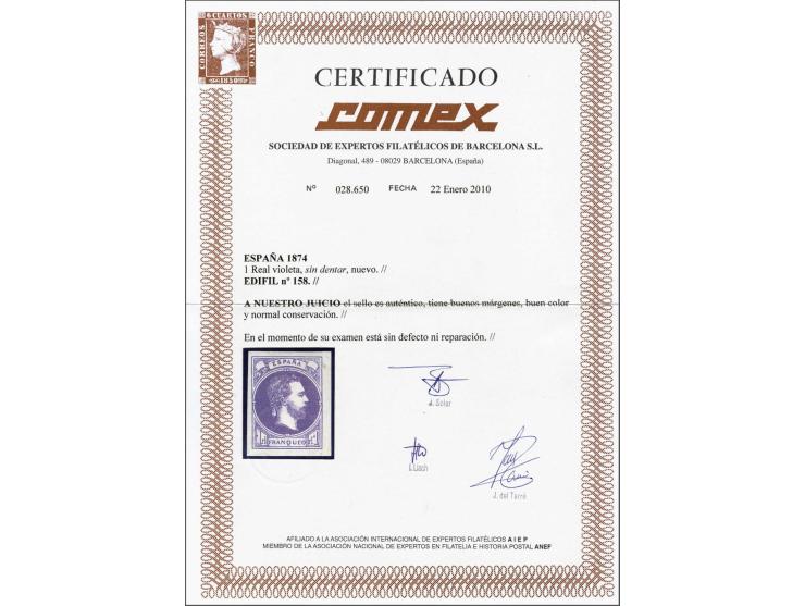 Carlist Post. Don Carlos 1 real violet, very fine mounted mint (small brown spot in margin) with 2010 Comex certificate, cat.