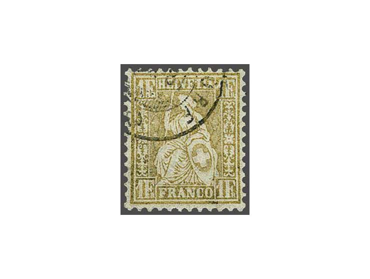 Sitting Helvetia 1 frank gold on granite paper (Zst. nr. 52), very fine used with 1981 Werner Liniger certificate, cat.v. 110