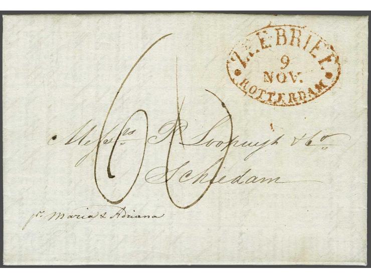 ZEEBRIEF ROTTERDAM 9 nov. pracht afdruk in rood op zeer frisse brief New York-Schiedam 3 oct 1836, deels gedrukte inhoud revi