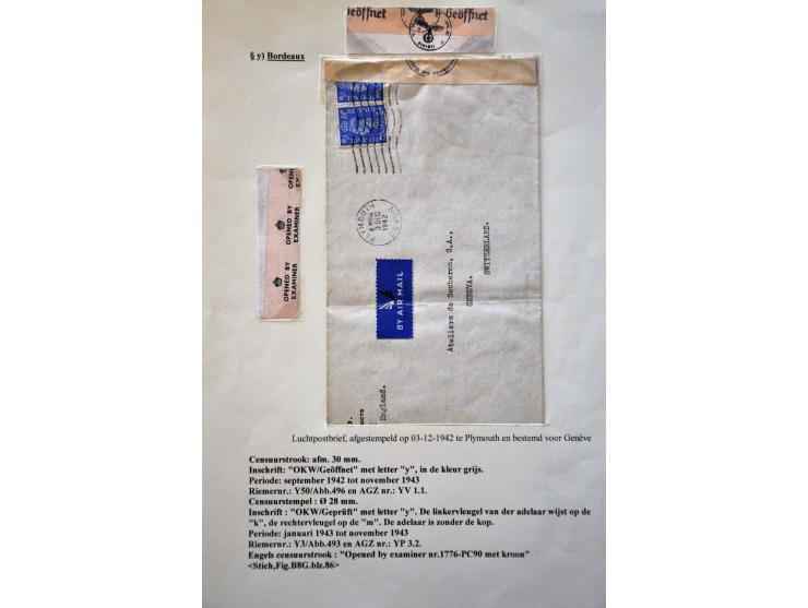 World War II, German censor 'y' Bordeaux, collection with 9 letters, well described on exhibition pages including Riemer Y-01