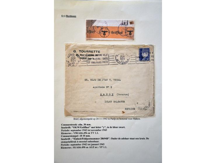 World War II, German censor 'y' Bordeaux, collection with 9 letters, well described on exhibition pages including Riemer Y-01