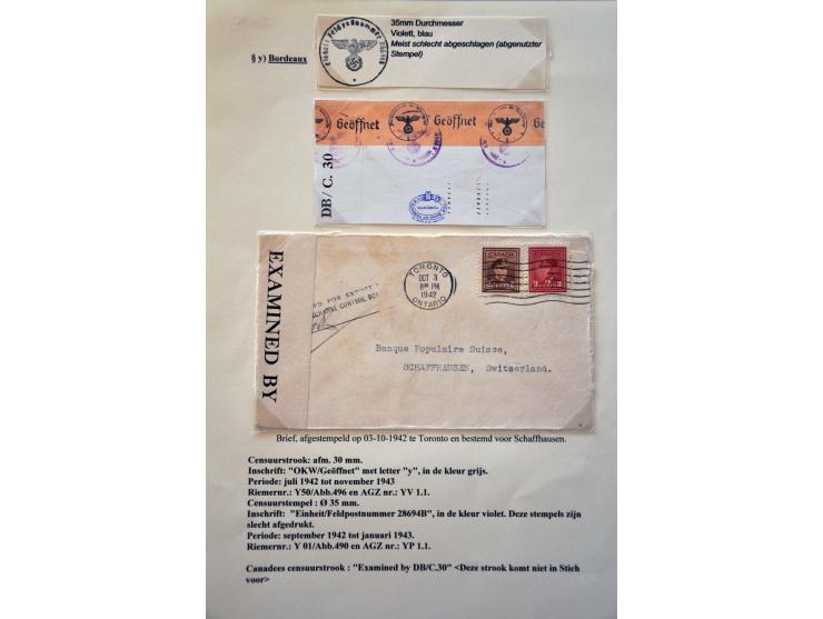 World War II, German censor 'y' Bordeaux, collection with 9 letters, well described on exhibition pages including Riemer Y-01