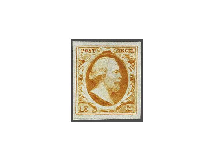 Definitieve kleurproef in donkergeeloranje zonder gom van de 15 cent pos. 1 (Brandsma: 5e proef), pracht ex. met certificaat 