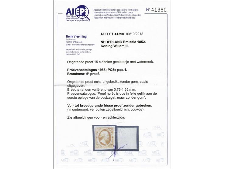 Definitieve kleurproef in donkergeeloranje zonder gom van de 15 cent pos. 1 (Brandsma: 5e proef), pracht ex. met certificaat 