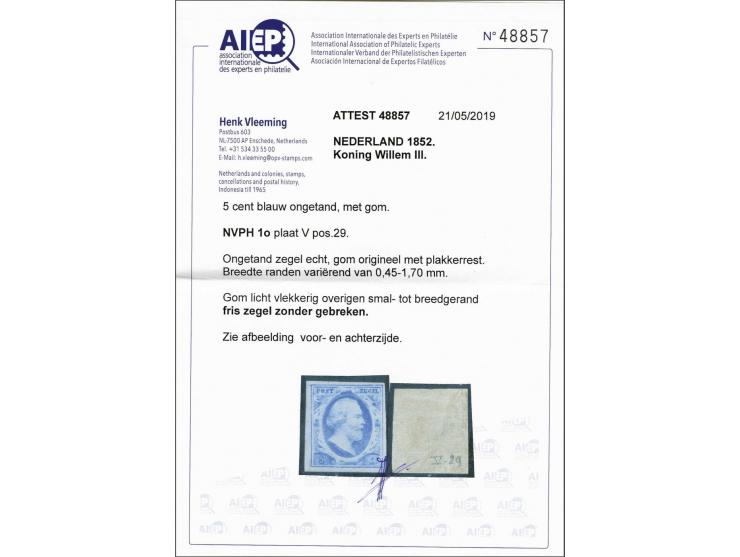 5 cent blauw plaat V pos. 29, pracht ex. met originele gom en plakkerrestje met certificaat Vleeming 2019 (gom licht vlekkeri