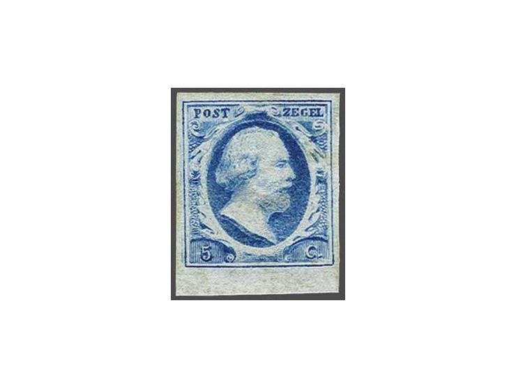5 cent blauw plaat VI pos. 22 op dik papier met velrand, pracht ex. met certificaat Vleeming 2019 (gom deels bijgewerkt en on