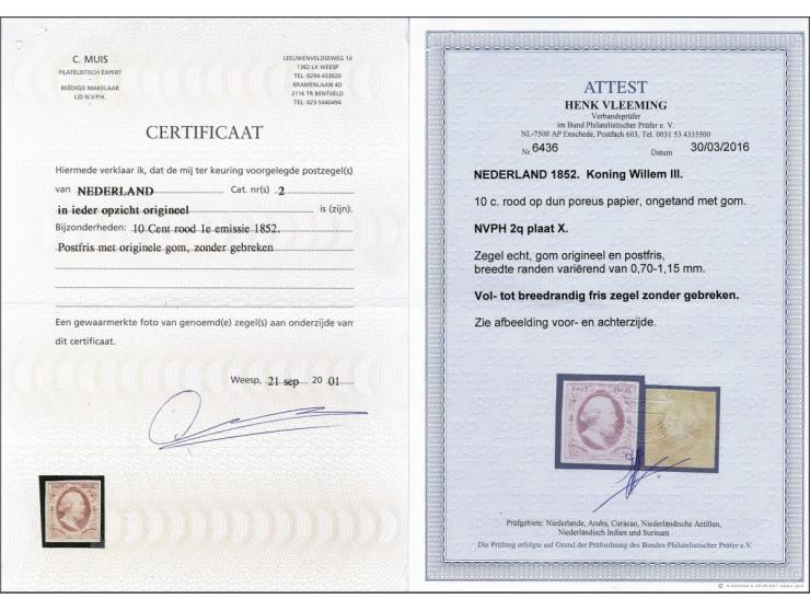 10 cent rood plaat X op dun papier, postfris met originele bruinige gom en certificaten Muis 2001 en Vleeming 2016, cat.w. 22