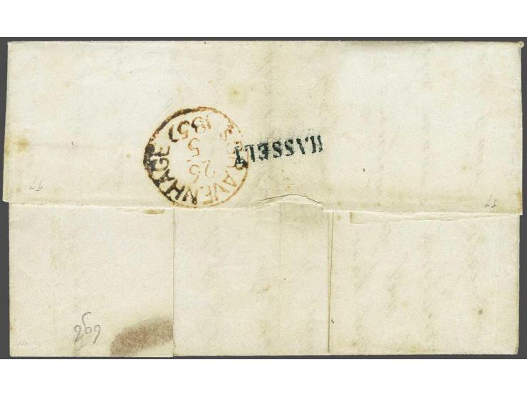5 cent blauw plaat III pos. 32 op vouwbrief van Hasselt (langstempel achterzijde) 25-5-1854 over Zwolle naar een Sergeant-Maj