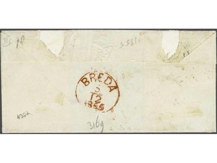 5 cent donkerblauw plaat III pos. 78 met velrand op briefomslag van Den Haag 4-12-1855 via Breda naar een Brigadier der Marec