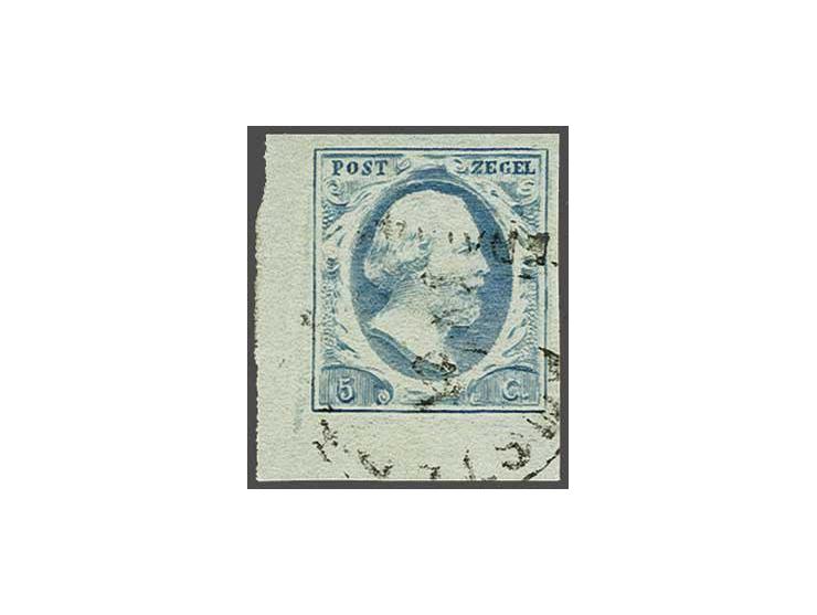5 cent lichtblauw plaat IV pos. 96 met hoekvelrand, pracht ex.