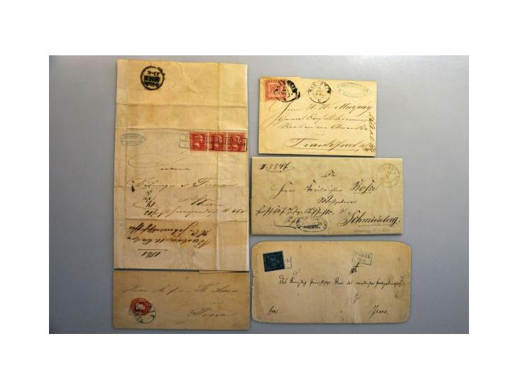 Alkmaar C klein (Ey 100) op 5 cent blauw plaat IV pos. 46 met hoekvelrand op fragment, pracht ex.