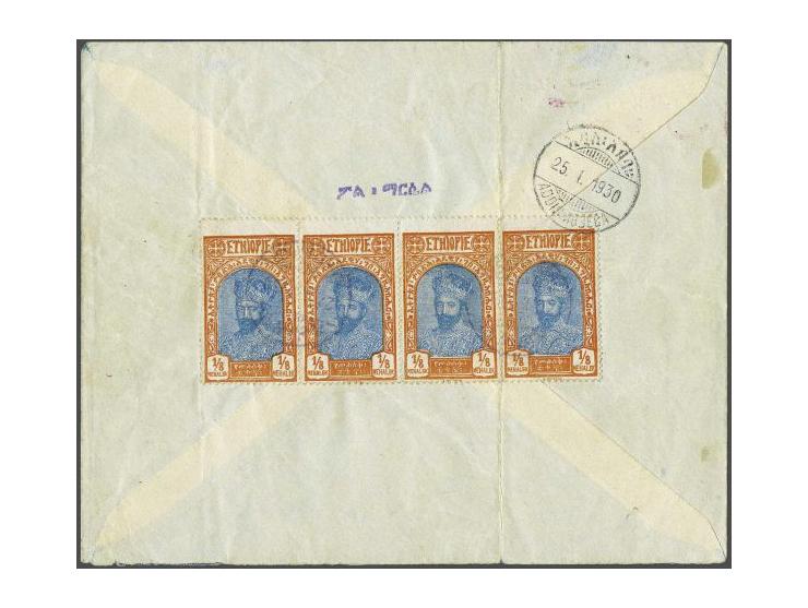 5 cent blauw plaat VI pos. 88-90 op dun papier in strip van 3 en 15 cent oranje op briefomslag van Leiden 5-8-1864 via Emmeri