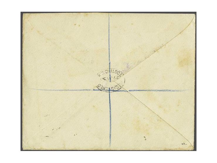 5 cent donkerblauw plaat III pos. 85 (?) en 15 cent donkeroranje pos. 69-70 in paar en pos. 72 op briefomslag van Amsterdam 1