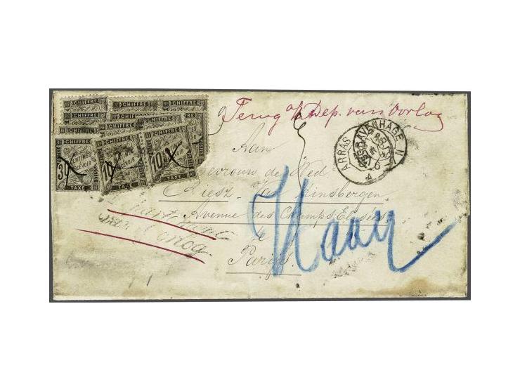 Postage Due 10 centimes black in pair, 30 centimes black and 9 other stamps on many times redirected cover from The Hague (Ne