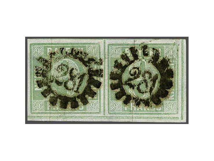 9 kreuzer blue green type III in pair with Mühlrad cancellation 281 from Regensburg, very fine with 2000 Peter Sem certificat