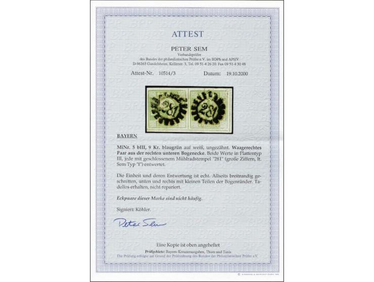 9 kreuzer blue green type III in pair with Mühlrad cancellation 281 from Regensburg, very fine with 2000 Peter Sem certificat