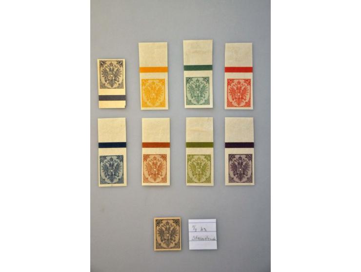 Coat of Arms 2-25 kreuzer, proofs in the chosen colours on thin white paper, all with sheet margin, and ½ and 1 kreuzer in th