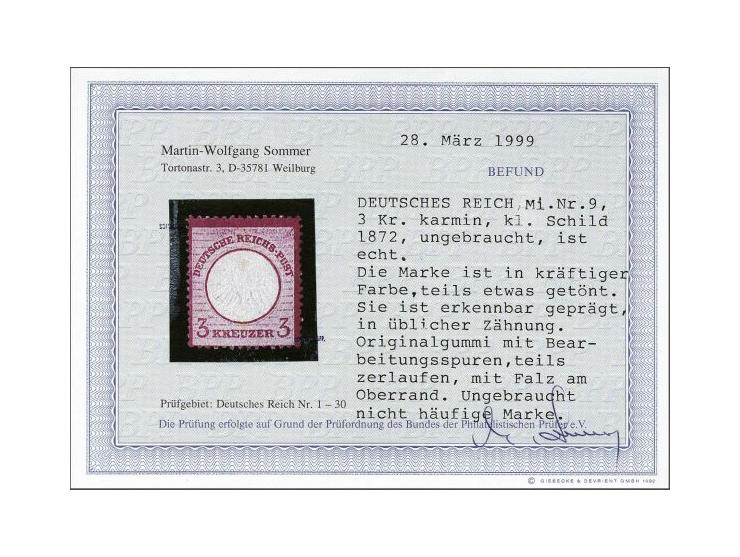 Small Breast shield 3 kreuzer carmine, fine/very fine with 1999 Martin-Wolfgang Sommer certificate: Die Marke ist in kräftige