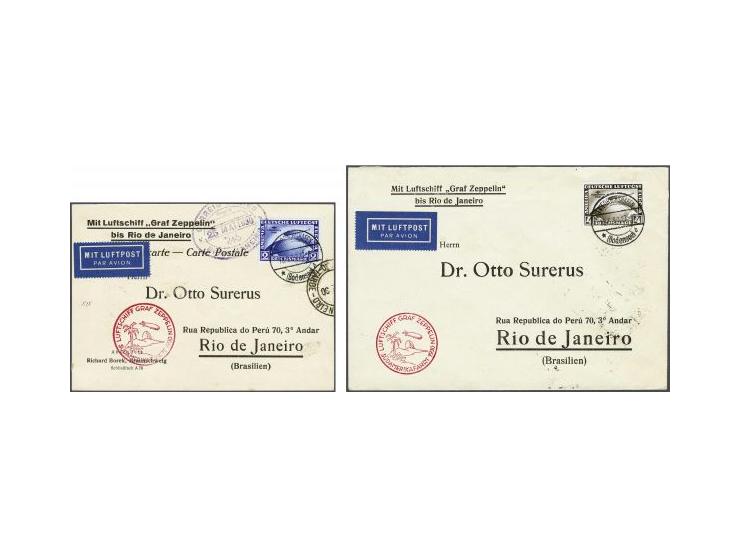 Südamerikafahrt 2 mark blue and 4 mark brown on card and cover from Friedrichshafen 13-5-1930 to Rio de Janeiro, fresh and ve