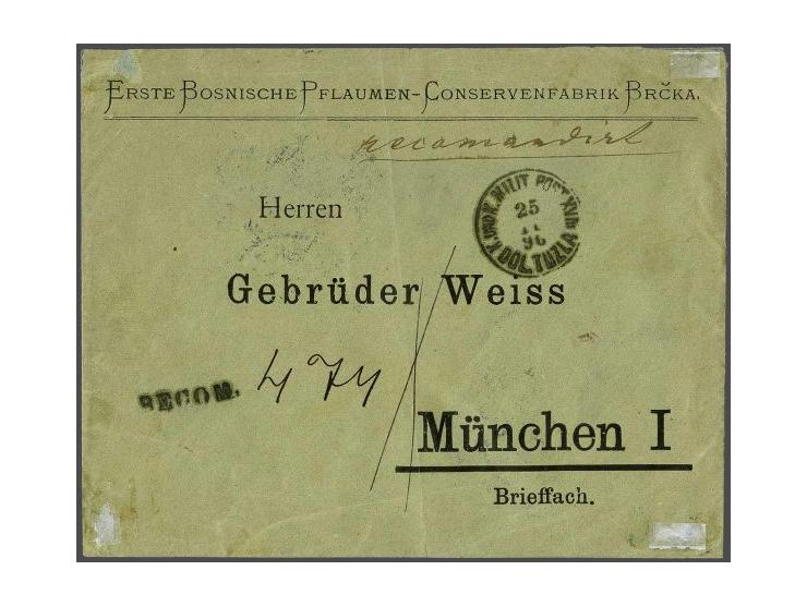 Coat of Arms 20  kreuzer olivegreen typographic printing, perforated 10½ on reverse off registered letter K.und K. MILIT. POS