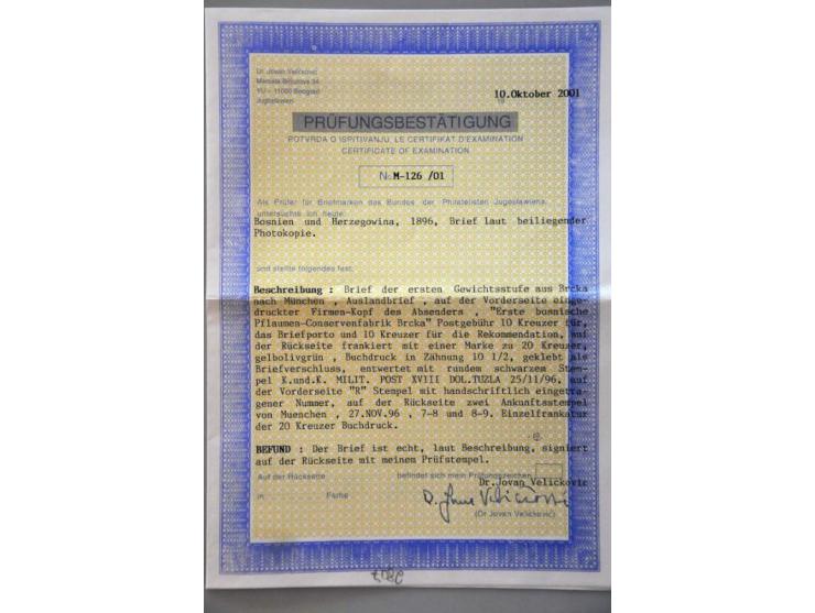 Coat of Arms 20  kreuzer olivegreen typographic printing, perforated 10½ on reverse off registered letter K.und K. MILIT. POS