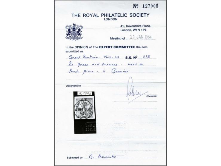 Official Edward 2d. O.W. Official green and carmine, a very fine ex. with good colour and RPS certificate 1984, cat.v. £ 450+