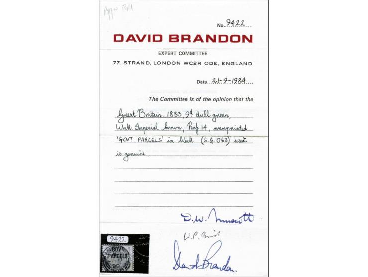 Official Victoria 9d. Govt. Parcels a fine to very fine used ex. with good colour and Brandon certificate 1984, cat.v. £ 1200