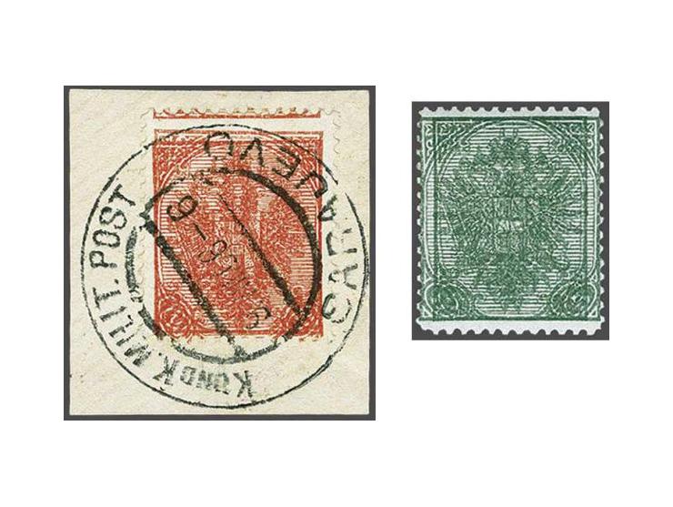 Coat of Arms, 5 heller green (2x, one with certificate Ferchenbauer, nearly unmounted mint), 10 heller red used on piece and 