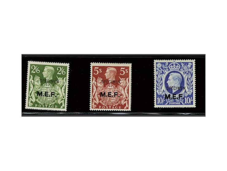 M.E.F. 2s.6d, 5s. and 10 s. all overprinted Specimen, a very fine and scarce set, cat. v. ca. £ 600 