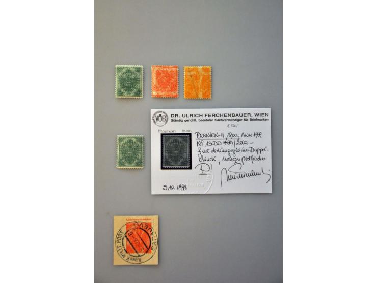 Coat of Arms, 5 heller green (2x, one with certificate Ferchenbauer, nearly unmounted mint), 10 heller red used on piece and 