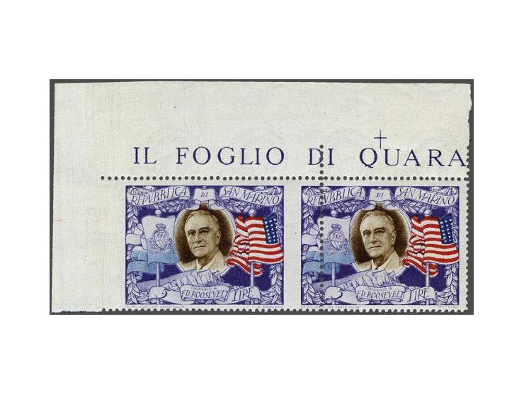 Roosevelt 1947 5 L top marginal pair with the error major perforation shift to the right, creating vertically imperforated st