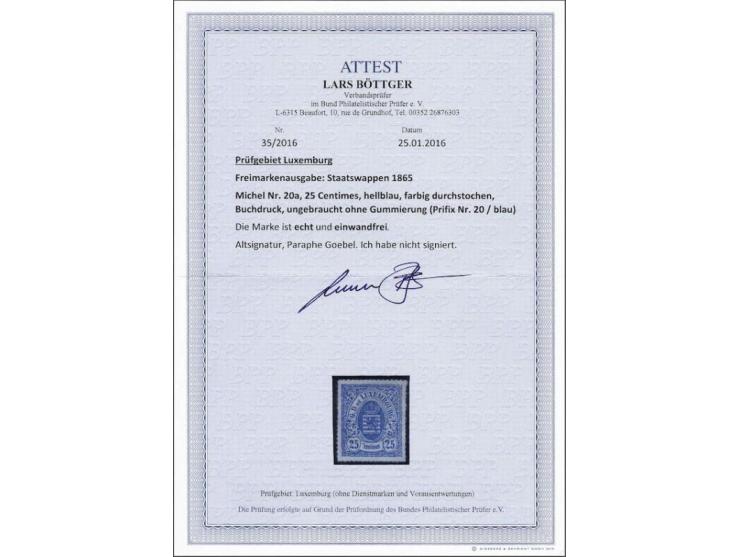 Coat of Arms 25 centimes blue with coloured roulette perforation, very fine without gum signed Goebel and with 2016 Lars Bött