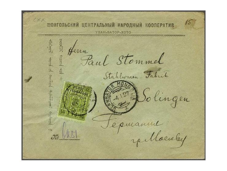 25 mung yellow green and black on cover from Ulan Bator 4-1-1927 to Solingen (Germany), very fine
