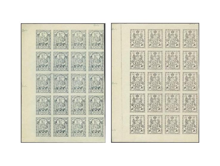 Warszawa 1915, imperforated proofs unissued 5 and 10 Gr in ½ sheets of 20, cert. Prof. A. Laszkiewicz (for full sheets of 40)