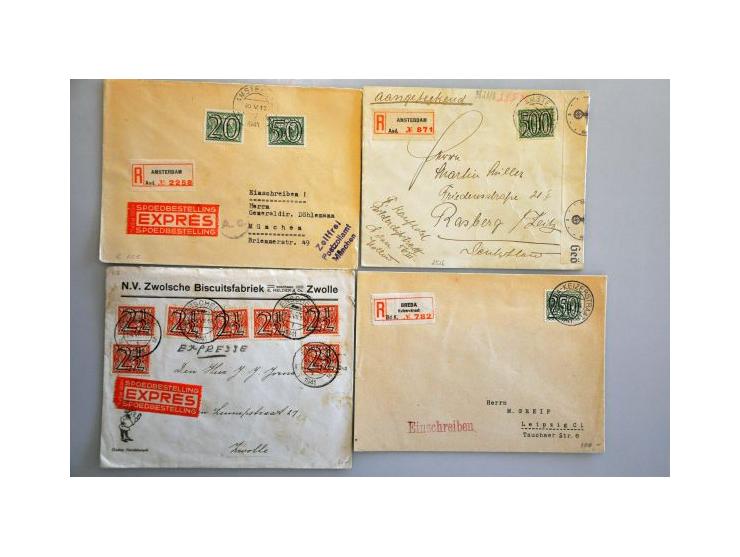 Tralie poststukken (ca. 100 ex.) w.b. hogere waarden, expresse, rembours, bestemmingen, mengfrankeringen etc. in doosje 