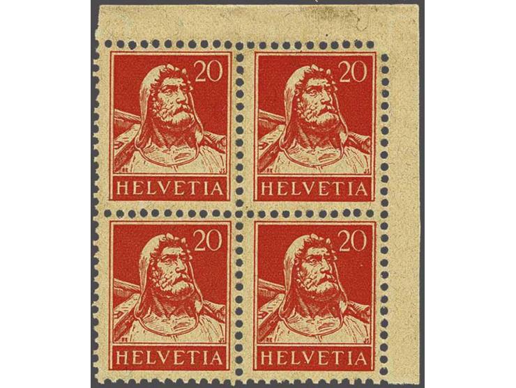 Wilhelm Tell 20 centimes orange red on yellow orange with the error complete mirrorprint at reverse in a block of 4 with shee