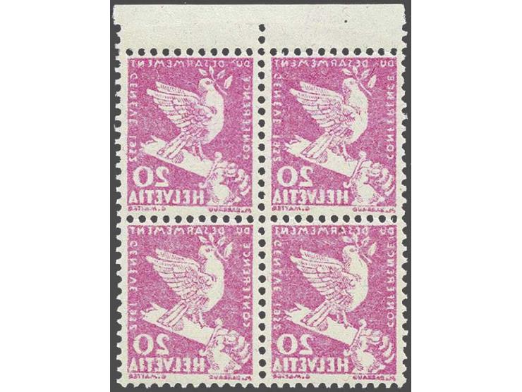 Pigeon with broken sword 20 centimes carmine lilac with the error complete mirrorprint at reverse in block of 4 with sheet ma