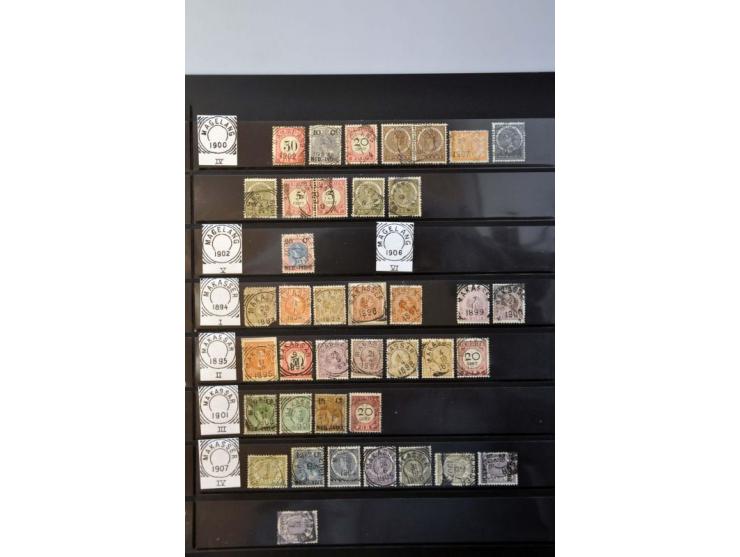 vierkantstempels (ca. 3000 ex.) mooie collectie met pracht afdrukken vanaf emissie 1870 op diverse waarden w.b. betere kantor