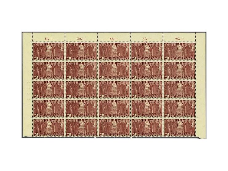 Bundes Oath 3 francs dark violet on yellowish granite paper (Zst. no. 216w) in part sheet of 25 ex. with corner margins, very