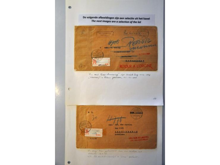 zegels (w.b. Ned.Indië) en poststukken met stempelmateriaal w.b. 2 ex. R- port betaald en 1x Geadviseerd, tevens 10 ongebruik