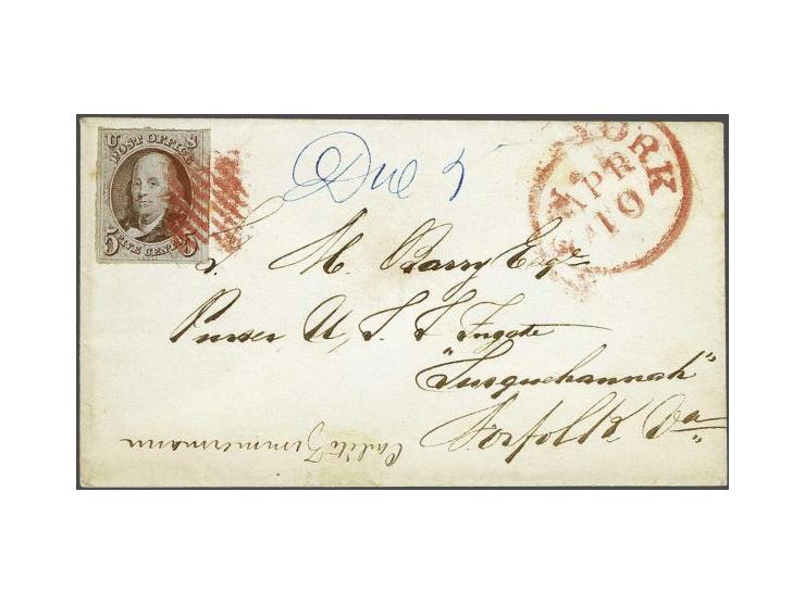 Benjamin Franklin 5 cents red brown with red grill cancellation (13x18mm) on small envelop from New York 10-4-1850 to Norfolk